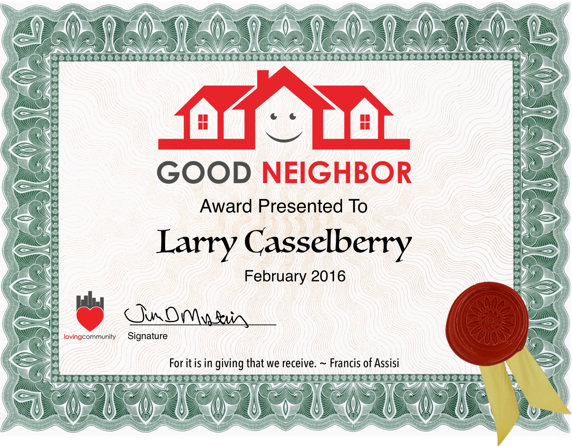 Larry Casselberry Recipient of Good Neighbor Award